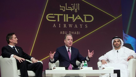 (L-r): Peter Baumgartner, chief commercial officer; James Hogan, president and chief executive officer and Hareb Almuhairy, vice president UAE, all  of Etihad Airways during the unveiling of its A380 AND B787 suites, last weekend.